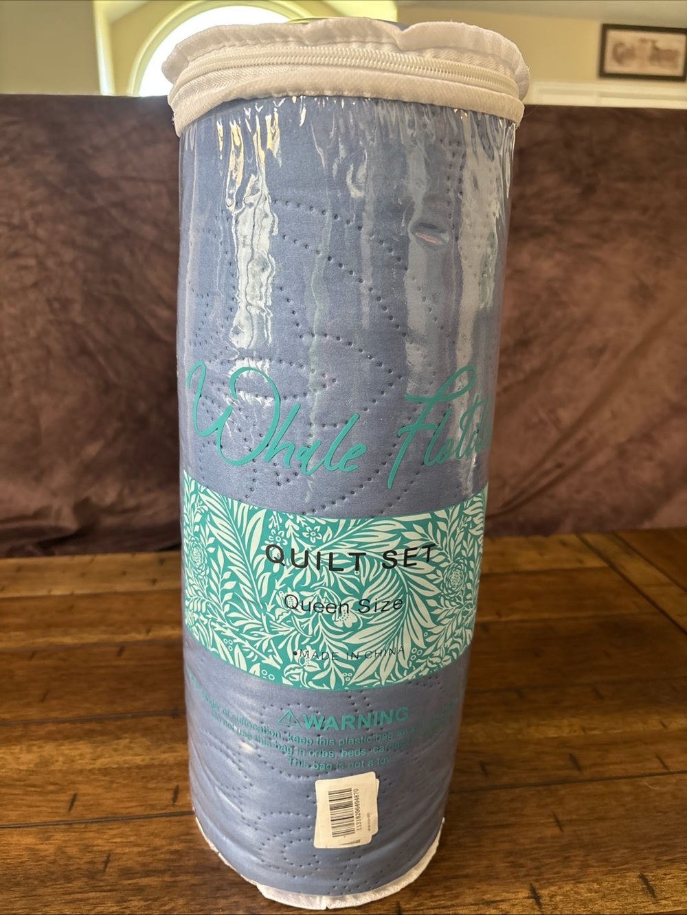White Feather Quilt Set Queen Size Light Blue Periwinkle Bedding New